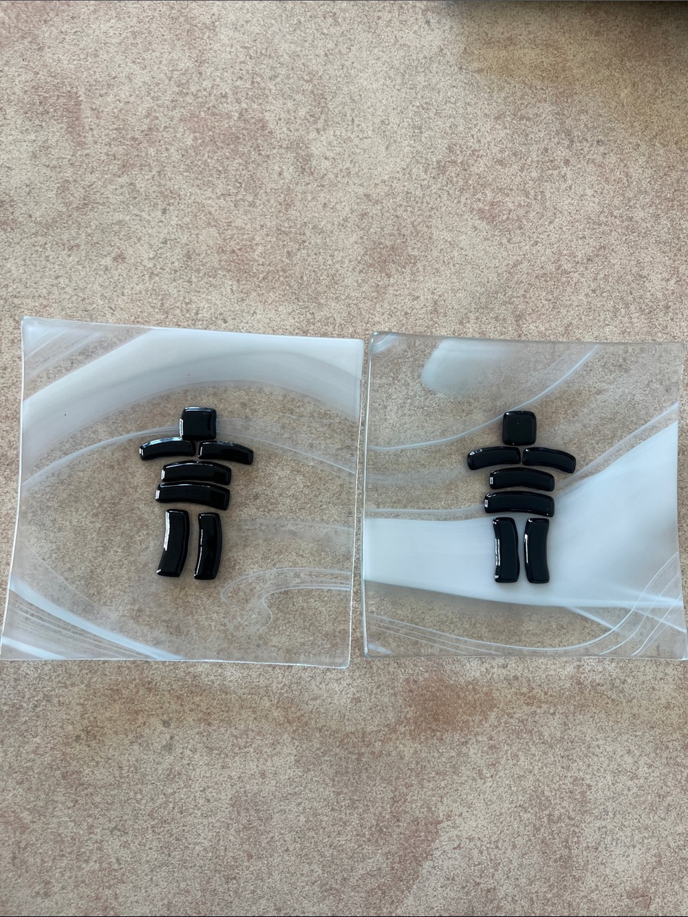 Inukshuk Decorative Clear Fused Glass Tea Bag Catcher Plate Trinket Dish Set 2